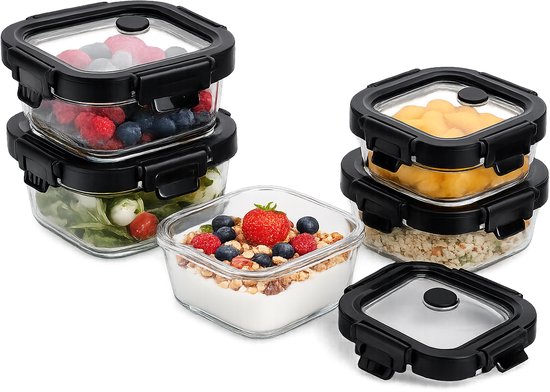 Vershoudbakjes Glas Set van 5 - Kleine Meal Prep Bakjes 320ml - Glazen Snackbakjes met Deksel - Lunchbox - Zwarte Deksel
