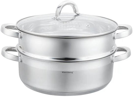 Klausberg - Stoompan - 3-delige RVS Stoomkookset - Stoominzet - Glazen Deksel - Inductie - Gas - Elektrisch - RVS - 6 Liters - 28 cm - Zilver