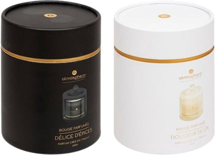 ILAE Geurkaars - Geurkaars in Glazen met Deksel - Set van 2 - Spices & Linen - Scented Candles - Luxe Woondecoratie - 240g - Ø10.8 x 13.8 cm - Zwart & Wit Glas