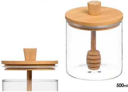 Honingpot - Glazen Honingpot - Honing Dispenser met Handvat & Bamboe Deksel - 500ml - 9 x 9 x 11 cm - Transparant & Bamboe
