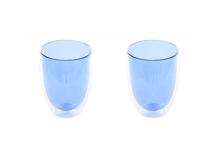 Dubbelwandige Glazen Mokken Set van 2 - 350 ml - Isolerende Theemok of Koffiemok Zonder Oor - Dubbelwandig Glas - Blauw