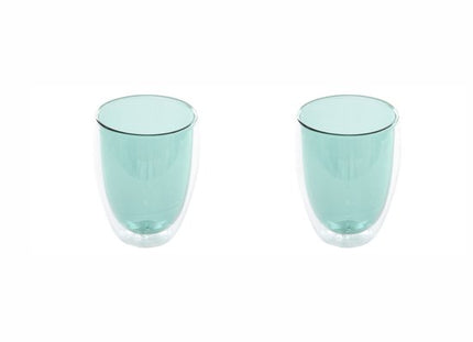 Dubbelwandige Glazen Mokken Set van 2 - 350 ml - Isolerende Theemok of Koffiemok Zonder Oor - Dubbelwandig Glas - Turquoise Groen