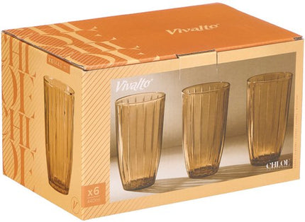 Waterglas - Cocktailglas - Sapglas - Geribbeld Drinkglas - Gestreept Glas - Set van 6 - Vintage Waterglas - 440ml - 8.2 x 8.2 x 14.2 cm - Amber