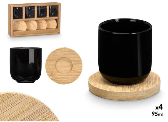 Zwarte keramische espresso kopjes set 4 – met bamboe onderzetters – koffieset 95 ml – Ø5,5 cm