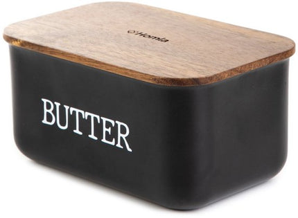 Homla - Avila Botervloot met Houten Deksel - Boterdoos Acacia Hout - Boter Bewaarbox Keuken - Stijlvolle Butter Dish - Boter Serveren & Bewaren - 0.73L - 15 x 10 x 7 cm - Zwart