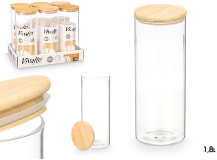 Bewaarpot - Glazen Voorraadpot - Borosilicaat Glas Bewaarpot met Bamboe Deksel - Keuken Voorraadbus - Transparante Voorraadpot Groot - Pasta Rijst Muesli - 1.8L - 10 x 10 x 25 cm - Transparant & Bamboe