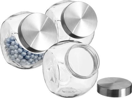 5Five Voorraadpot met RVS deksel - 3x - 1,5L - glas - snoeppot - voedsel bewaren - luchtdichte sluiting