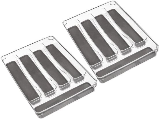5-Vak Organizer - Besteklade - Set van 2 - Anti-Slip Bestek Tray - Tidy Smart Keuken Organizer - 23.5 x 32.7 x 4.6 cm - Grijs