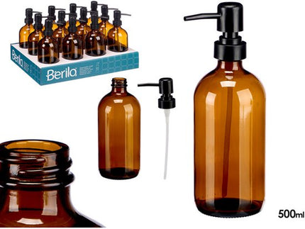 Zeepdispenser Glas - Kristal Zeepdispenser - Handzeep Pompje met Zwarte Pomp - Navulbare Lotion Dispenser - Badkamer Accessoire - Rond - 500ml - 7.4 x 9.5 x 21.4 cm - Bruin