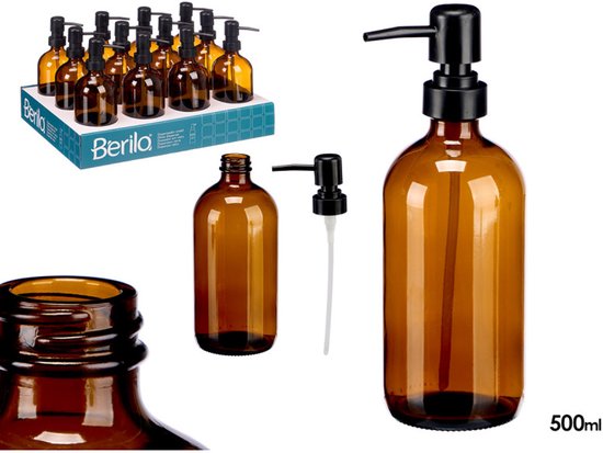 Zeepdispenser Glas - Kristal Zeepdispenser - Handzeep Pompje met Zwarte Pomp - Navulbare Lotion Dispenser - Badkamer Accessoire - Rond - 500ml - 7.4 x 9.5 x 21.4 cm - Bruin
