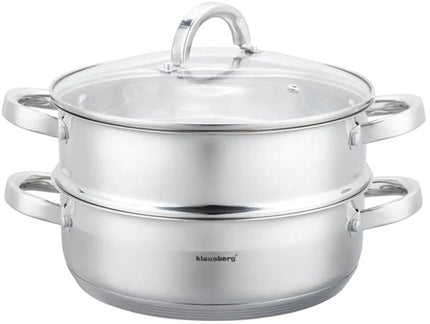 Klausberg - Stoompan - 3-delige RVS Stoomkookset - Stoominzet - Glazen Deksel - Inductie - Gas - Elektrisch - RVS - 4.6 Liters - 26 cm - Zilver
