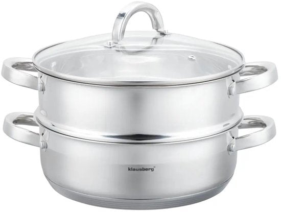Klausberg - Stoompan - 3-delige RVS Stoomkookset - Stoominzet - Glazen Deksel - Inductie - Gas - Elektrisch - RVS - 4.6 Liters - 26 cm - Zilver