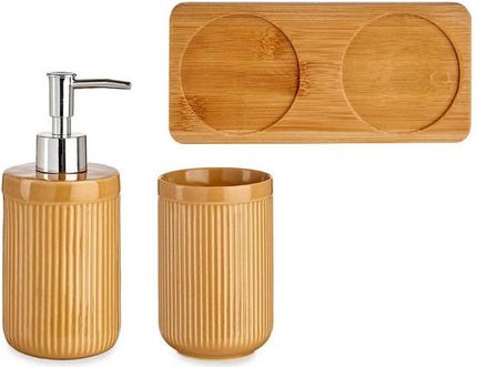 Badkamer accessoires set 3-delig van keramiek, camel bruin gestreept