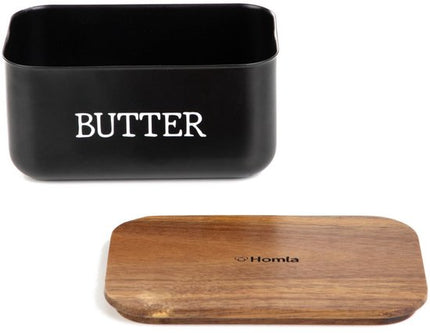 Homla - Avila Botervloot met Houten Deksel - Boterdoos Acacia Hout - Boter Bewaarbox Keuken - Stijlvolle Butter Dish - Boter Serveren & Bewaren - 0.73L - 15 x 10 x 7 cm - Zwart