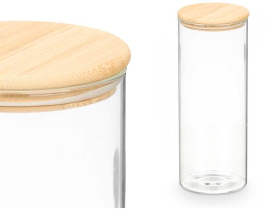 Bewaarpot - Glazen Voorraadpot - Borosilicaat Glas Bewaarpot met Bamboe Deksel - Keuken Voorraadbus - Transparante Voorraadpot Groot - Pasta Rijst Muesli - 1.8L - 10 x 10 x 25 cm - Transparant & Bamboe