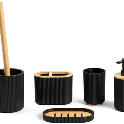 Homla - Loreto Badkameraccessoireset - Badkamer Accessoire Set - 5 Delig - Complete Badkamer Set met Bamboe - Zeepdispenser - Tandenborstelhouder - WC Borstel - Moderne Badkamer Accessoires - Zwart
