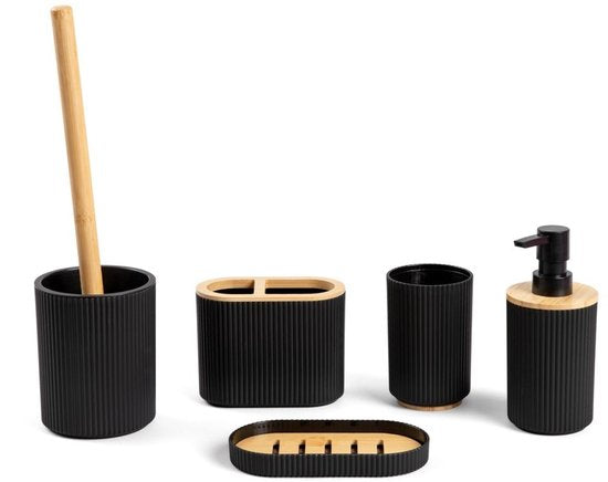 Homla - Loreto Badkameraccessoireset - Badkamer Accessoire Set - 5 Delig - Complete Badkamer Set met Bamboe - Zeepdispenser - Tandenborstelhouder - WC Borstel - Moderne Badkamer Accessoires - Zwart
