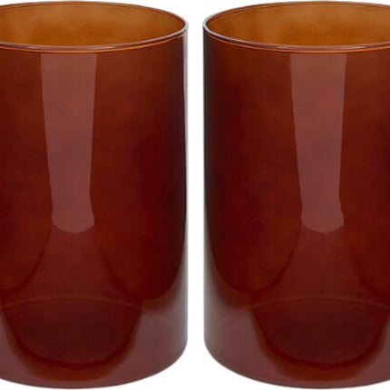 Lidy Vaas - Glazen Vaas - Set van 2 - Decoratieve Bloemenvaas - Ø14 x 20 cm - Amber Bruin