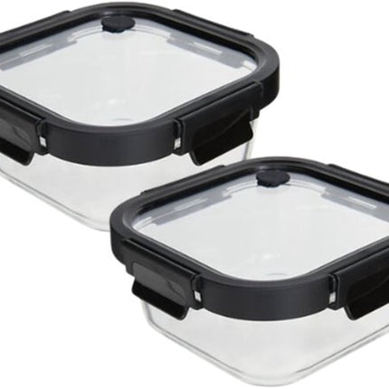 Vershoudbakjes - Set van 2 - Bewaarbakjes met Deksel - Magnetronbestendige Lunchbox - Voedselcontainer - Vierkante - 750ml - Borosilicaat Glas - 17.2 x 17.2 x 7.3 cm - Transparante en Zwart Deksel