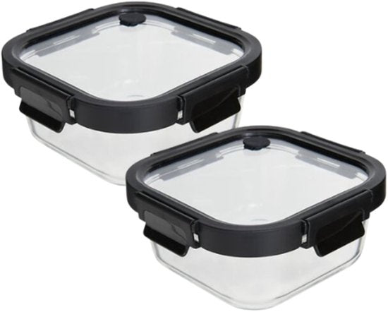 Vershoudbakjes - Set van 2 - Bewaarbakjes met Deksel - Magnetronbestendige Lunchbox - Voedselcontainer - Vierkante - 750ml - Borosilicaat Glas - 17.2 x 17.2 x 7.3 cm - Transparante en Zwart Deksel