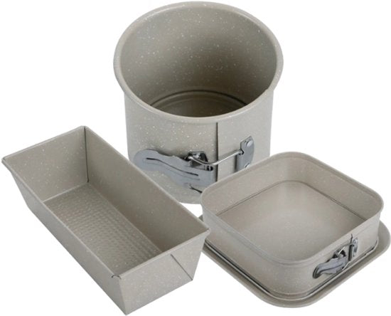 Bakvormen Set - Cakepan - 3-Delig Bakvormen Set - 26 x 11.5 x 7.5 cm Rechthoekige Baktray + Ø12cm Ronde Cakepan + 27.5cm Vierkante Bakvorm - Carbon Staal - Marmeren Anti-aanbaklaag - Beige-Grijs