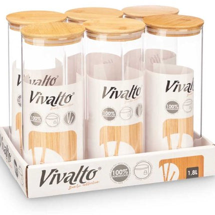 Bewaarpot - Glazen Voorraadpot - Borosilicaat Glas Bewaarpot met Bamboe Deksel - Keuken Voorraadbus - Transparante Voorraadpot Groot - Pasta Rijst Muesli - 1.8L - 10 x 10 x 25 cm - Transparant & Bamboe