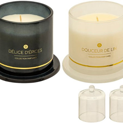 ILAE Geurkaars - Geurkaars in Glazen met Deksel - Set van 2 - Spices & Linen - Scented Candles - Luxe Woondecoratie - 240g - Ø10.8 x 13.8 cm - Zwart & Wit Glas