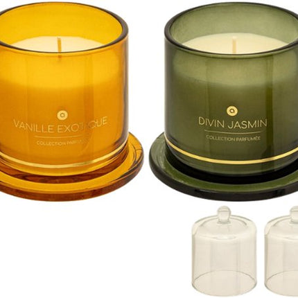 ILAE Geurkaars - Geurkaars in Glazen met Deksel - Set van 2 - Vanilla & Jasmine - Scented Candles - Luxe Woondecoratie - 240g - Ø10.8 x 13.8 cm - Amber & Green Glas
