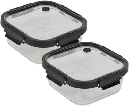 Vershoudbakjes - Set van 2 - Bewaarbakjes met Deksel - Magnetronbestendige Lunchbox - Voedselcontainer - Vierkante - 1.1 Liter - Borosilicaat Glas - 19.3 x 19.3 x 8.1 cm - Transparante en Zwart Deksel