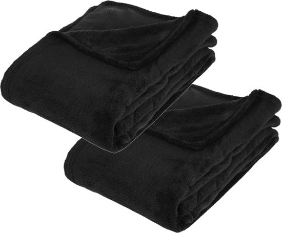 Atmosphera Plaid deken - 2x - zwart - polyester - 130 x 180 cm - Bankdeken - Fleece plaid