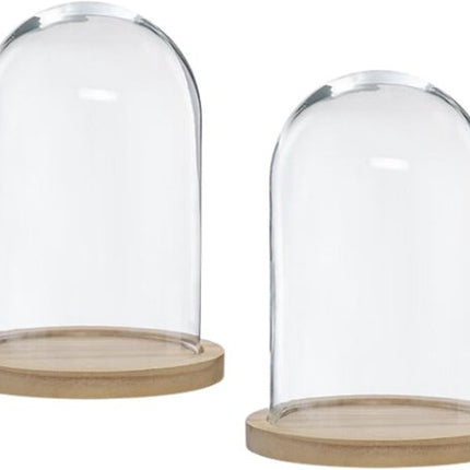 Glazen Cloche - Glazen Stolp - Glas Dome - Set van 2 - Decoratieve Stolp met Houten Voet - 18 x 25 cm - Transparant