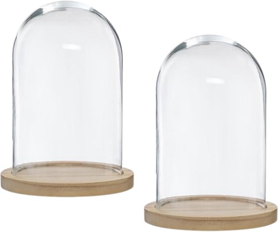 Glazen Cloche - Glazen Stolp - Glas Dome - Set van 2 - Decoratieve Stolp met Houten Voet - 18 x 25 cm - Transparant