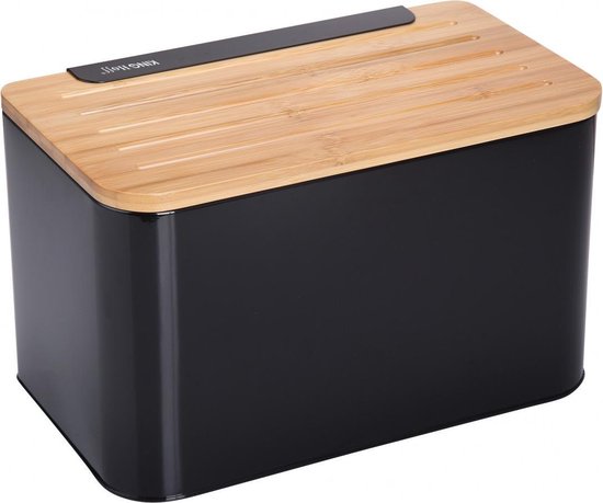 KINGHOFF - Broodtrommel - Brooddoos met Bamboe Deksel - Brood Bewaarbox Keuken - Brooddoos Modern en Stijlvol - Staal - 35 x 20 x 21.5 cm - Zwart