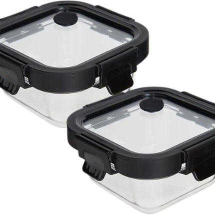 Vershoudbakjes - Set van 2 - Bewaarbakjes met Deksel - Magnetronbestendige Lunchbox - Voedselcontainer - Vierkante - 320 ml - Borosilicaat Glas - 13 x 13 x 6.2 cm - Transparante en Zwart Deksel