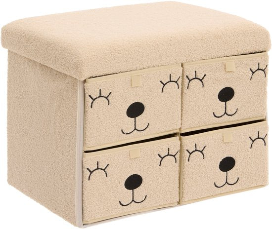 Atmosphera Kids Ezzio Opbergpoef met 4 lades - 39x38x50cm - Opvouwbaar - Beige