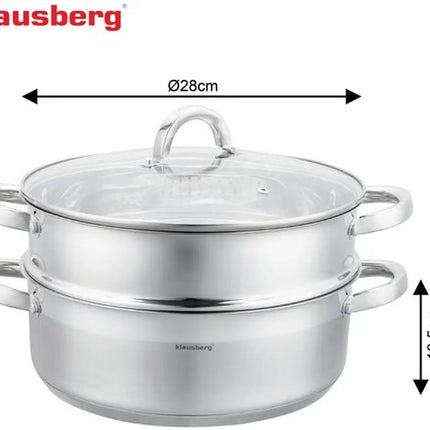 Klausberg - Stoompan - 3-delige RVS Stoomkookset - Stoominzet - Glazen Deksel - Inductie - Gas - Elektrisch - RVS - 6 Liters - 28 cm - Zilver