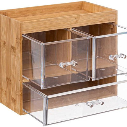 5Five sieraden/make-up organizer - 2x stuks - 3 lades - 24 x 20 cm - rechthoek - bamboe/kunststof