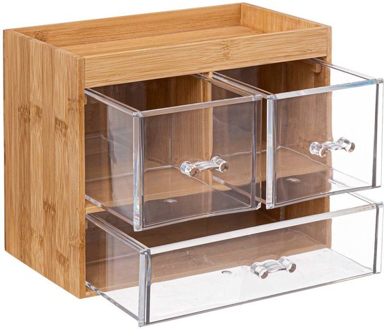 5Five sieraden/make-up organizer - 2x stuks - 3 lades - 24 x 20 cm - rechthoek - bamboe/kunststof