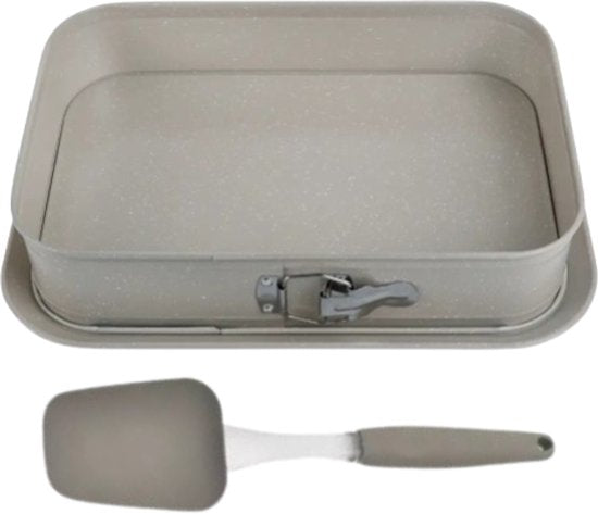 Bakset - Bakvorm met Spatel - Bakvorm met Afneembare Rand - Non-Stick Marmer Coating - Carbon Staal Cakevorm - Rechthoekige Springvorm 39x27 cm - Grijs