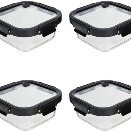 Vershoudbakjes - Set van 4 - Bewaarbakjes met Deksel - Magnetronbestendige Lunchbox - Voedselcontainer - Vierkante - 750ml - Borosilicaat Glas - 17.2 x 17.2 x 7.3 cm - Transparante en Zwart Deksel
