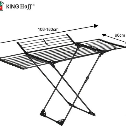 KINGHoff - Droogrek - Opvouwbaar Wasrek Verstelbaar - Staand Wasdroogrek - Inklapbaar Kledingrek - Wasrek voor Binnen en Balkon - Max. 20 kg - 108–180 x 96 x 101 cm - Zwart