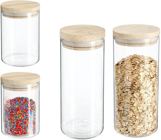 Secret de Gourmet - Keuken voorraadbussen/potten - glas/hout - set 4x stuks - 600 en 1000 ml