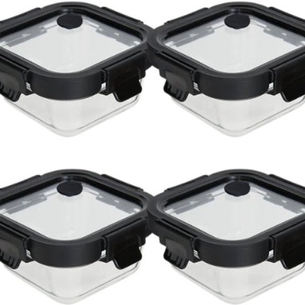 Vershoudbakjes - Set van 4 - Bewaarbakjes met Deksel - Magnetronbestendige Lunchbox - Voedselcontainer - Vierkante - 320 ml - Borosilicaat Glas - 13 x 13 x 6.2 cm - Transparante en Zwart Deksel
