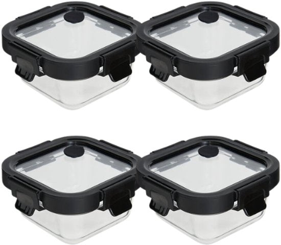 Vershoudbakjes - Set van 4 - Bewaarbakjes met Deksel - Magnetronbestendige Lunchbox - Voedselcontainer - Vierkante - 320 ml - Borosilicaat Glas - 13 x 13 x 6.2 cm - Transparante en Zwart Deksel