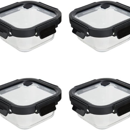 Vershoudbakjes - Set van 4 - Bewaarbakjes met Deksel - Magnetronbestendige Lunchbox - Voedselcontainer - Vierkante - 500ml - Borosilicaat Glas - 15.2 x 15.2 x 6.9 cm - Transparante en Zwart Deksel