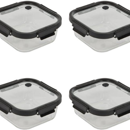 Vershoudbakjes - Set van 4 - Bewaarbakjes met Deksel - Magnetronbestendige Lunchbox - Voedselcontainer - Vierkante - 1.1 Liter - Borosilicaat Glas - 19.3 x 19.3 x 8.1 cm - Transparante en Zwart Deksel