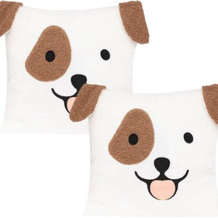 Bouclé sierkussens kinderkamer met hondenprint, set van 2, 40x40 cm, bruin en wit