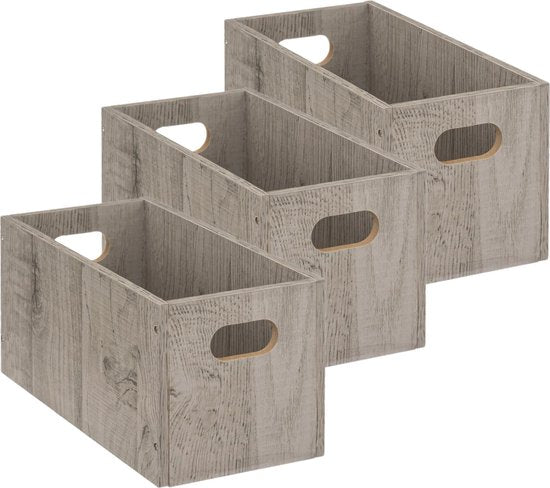 5five Opbergmand/kastmand van hout - Set van 3x stuks - grijs - 7 Liter - 31 x 15 x 15 cm - Opbergboxen - Vakkenkast manden