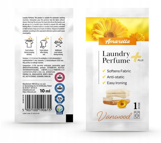 Elix - Amarella Wasparfum - Laundry Perfume - Wasverzachter Parfum - Antistatisch Strijkgemak - Langdurig - 10ml Sachet - Vanwood