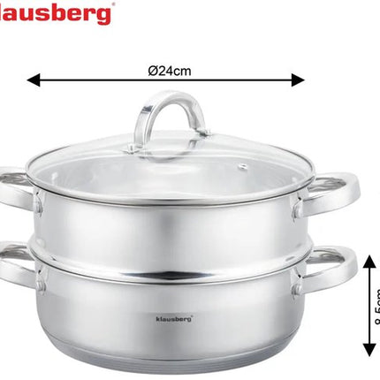 Klausberg - Stoompan - 3-delige RVS Stoomkookset - Stoominzet - Glazen Deksel - Inductie - Gas - Elektrisch - RVS - 3.5 Liters - 24 x 8.5 cm - Zilver